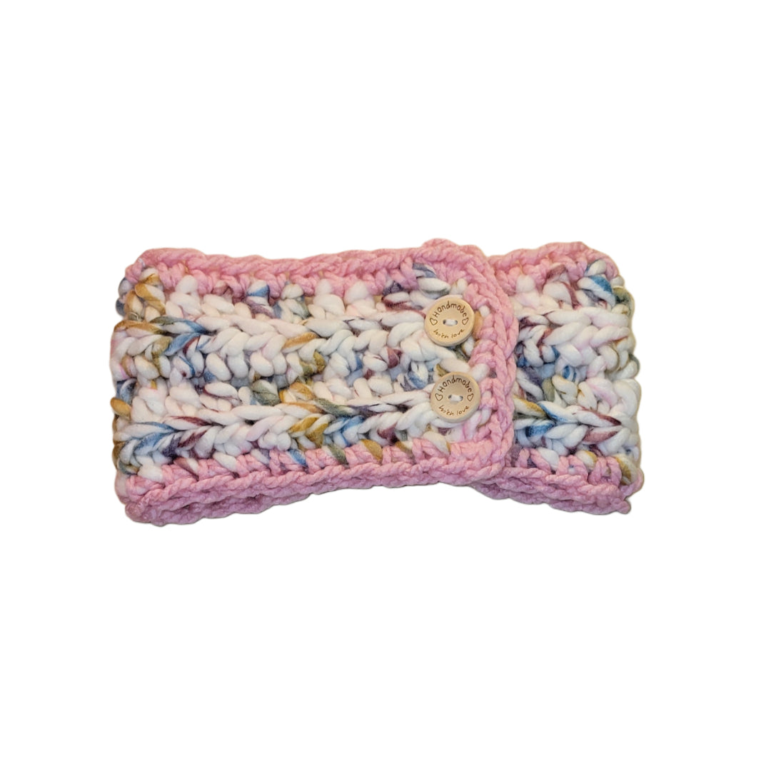 Ear Warmer Crochet Chunky Adjustable Pink Border - Oma's Cozy Creations