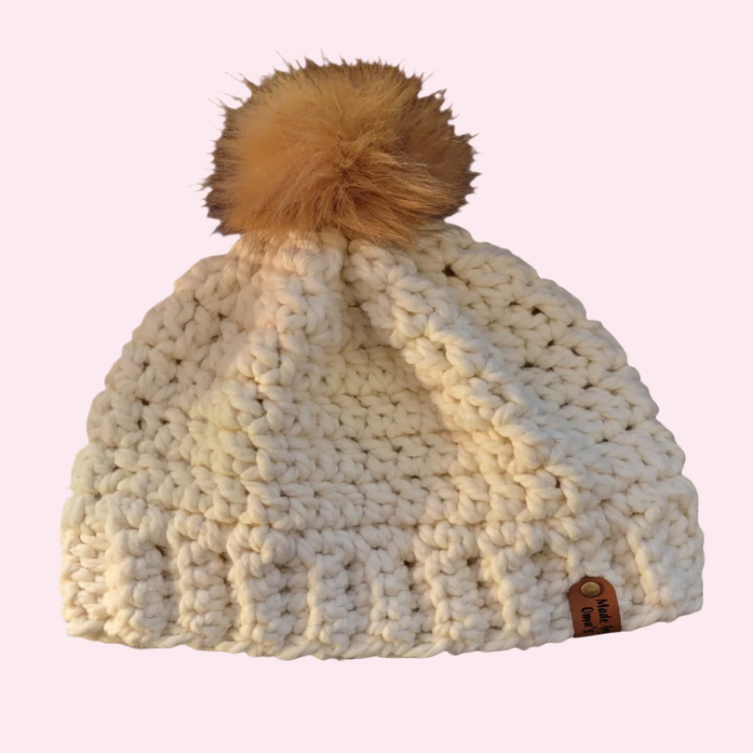 Beanie Wool Brimmed Cream with Pom Pom - Oma's Cozy Creations