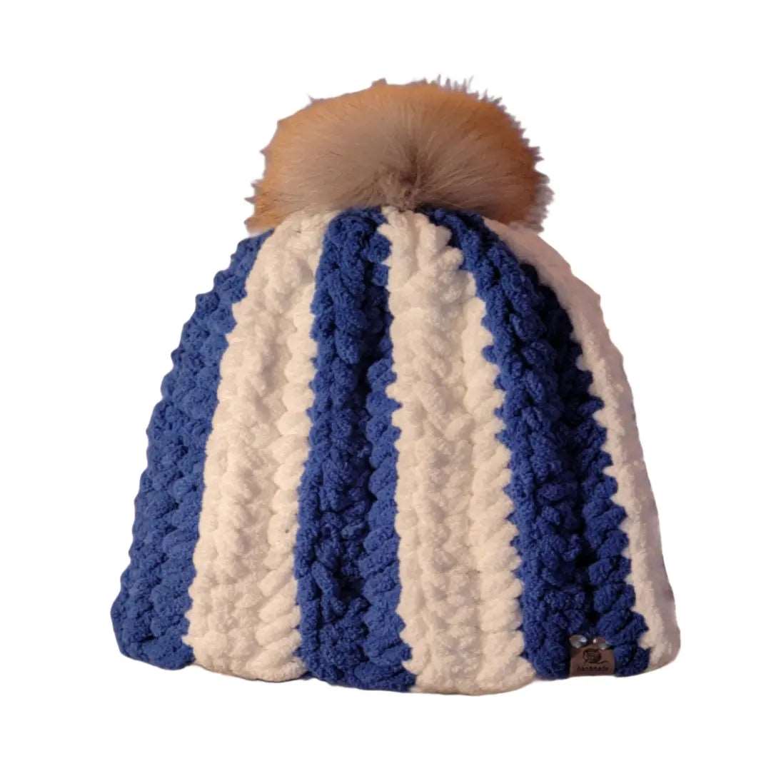 Beanie in Blue and White Striped Chenille Style - Oma's Cozy Creations