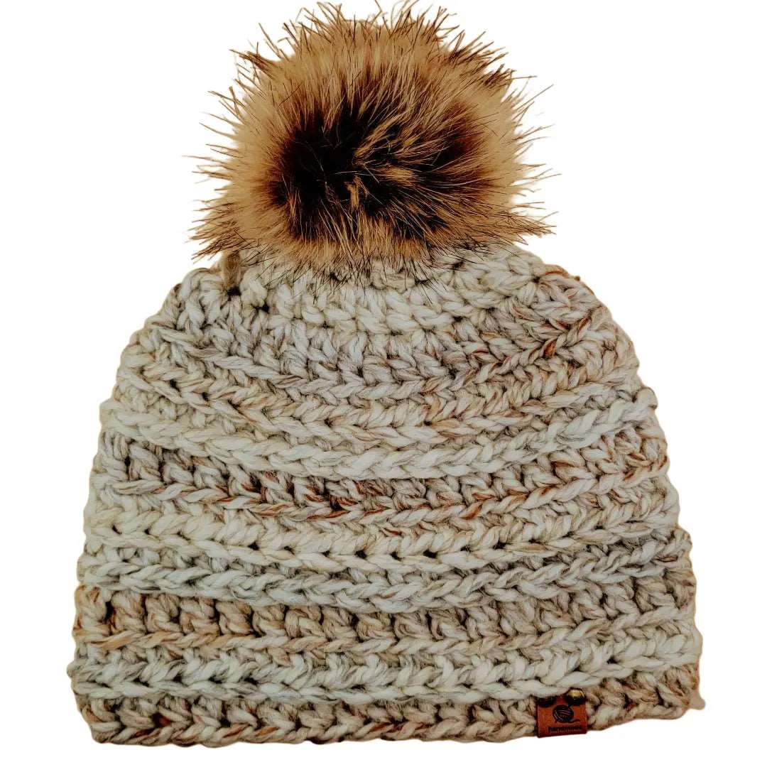 Beanie with Light Brown Wool and a Brown Pom Pom - Oma's Cozy Creations